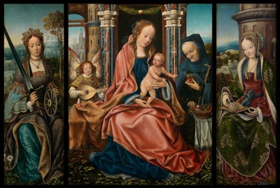 Holy Family with Musical Angel, Saint Catherine of Alexandria, Saint Barbara by Master of Frankfurt